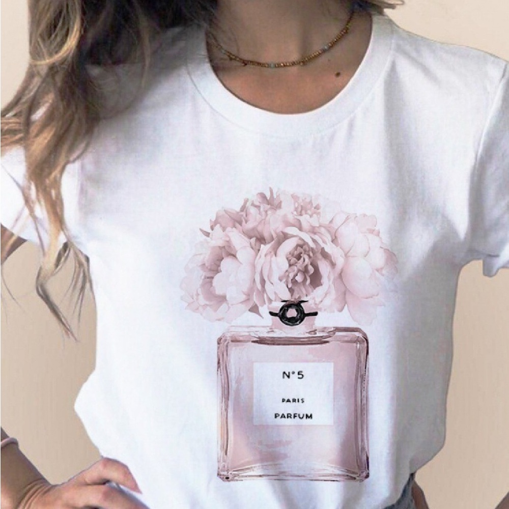 Elegant White Floral Perfume Graphic T-Shirt